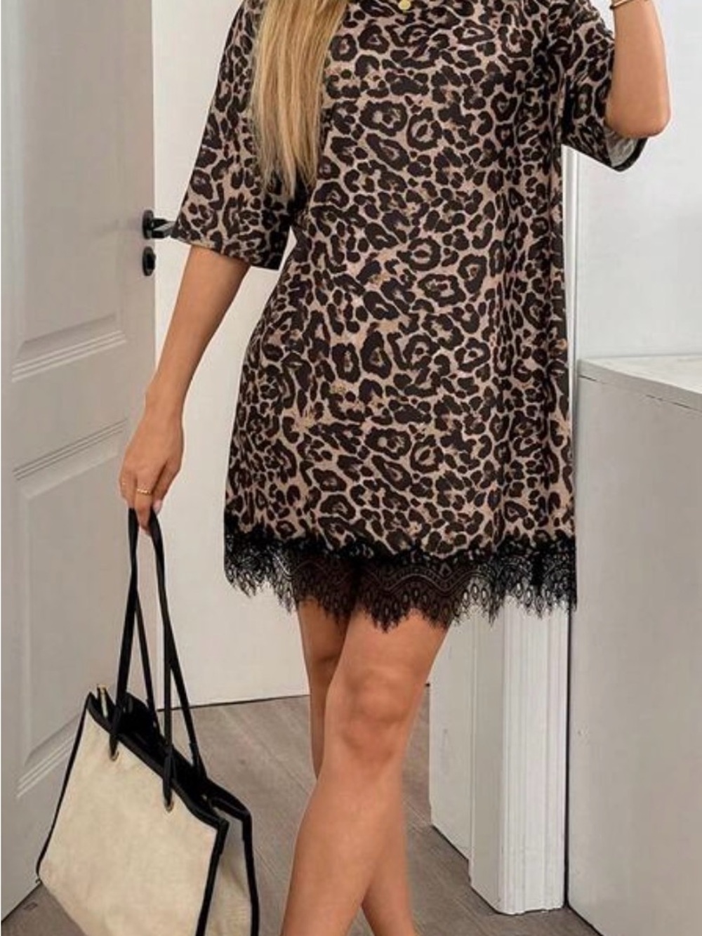 SHEIN Leopard Print Lace-Trim Mini Dress in Brown and Black